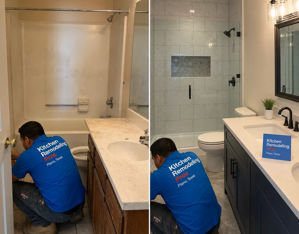 Before-and-after Plano hall bath with a tiled shower, new vanity top, updated lighting, and cohesive flooring