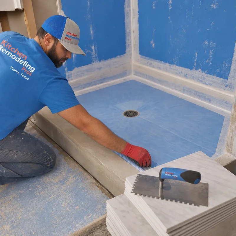 Shower waterproofing membrane at seams and corners with a sloped pan, drain, and staged tile materials