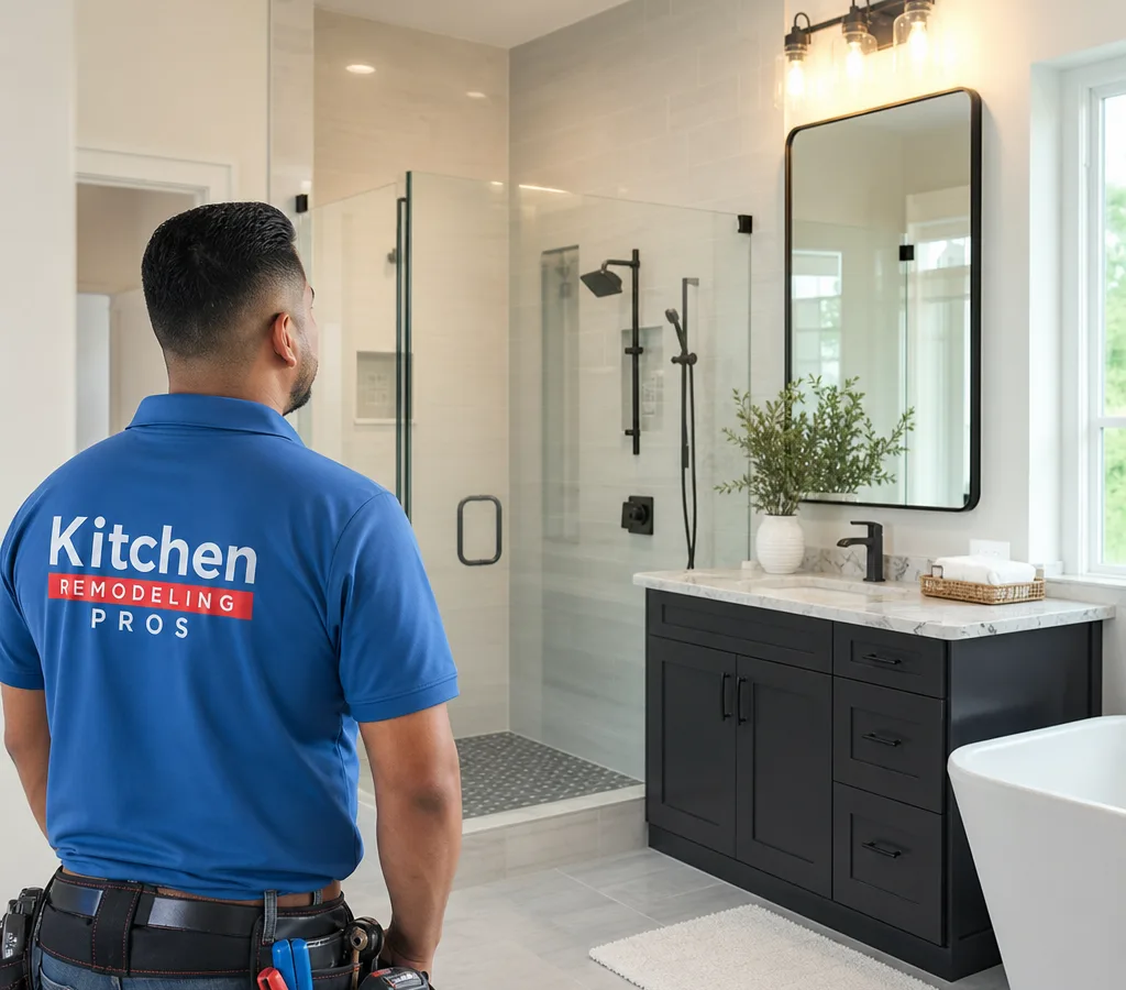 Bright finished Plano bathroom with tiled shower, glass enclosure, upgraded vanity lighting, and clean grout lines