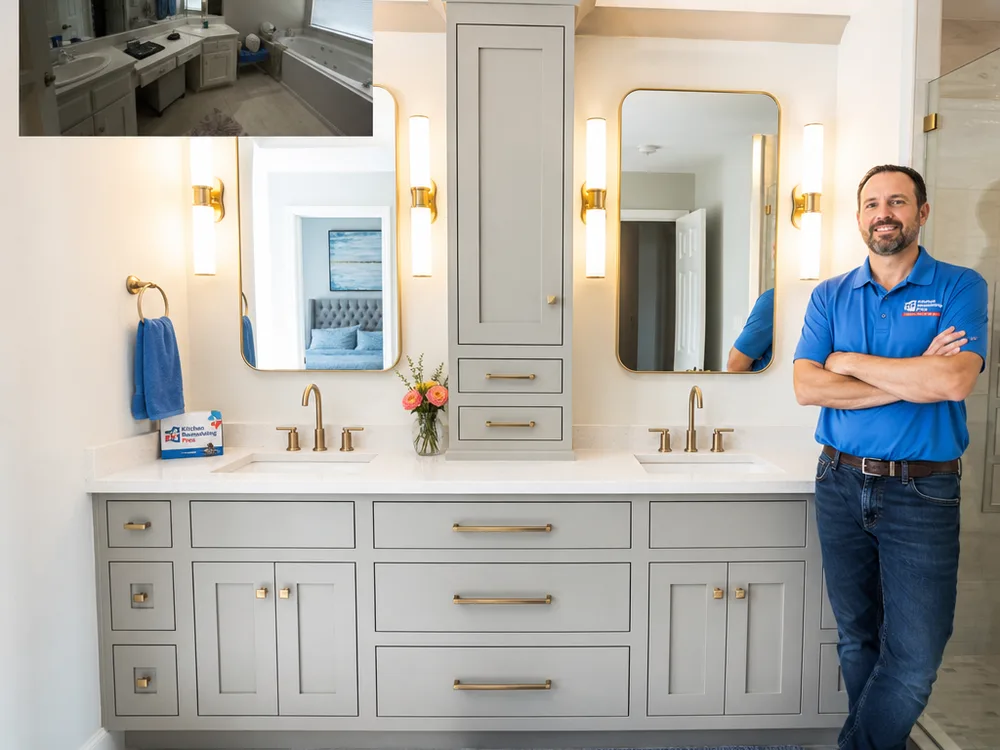 Primary bathroom double vanity with upgraded mirrors, sconces, and precise trim and paint lines