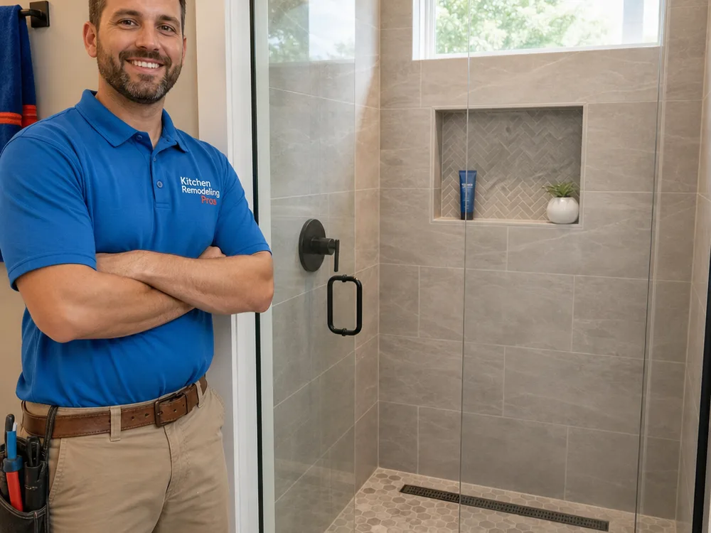 Finished shower niche with consistent grout joints, clean silicone lines, and centered drain alignment
