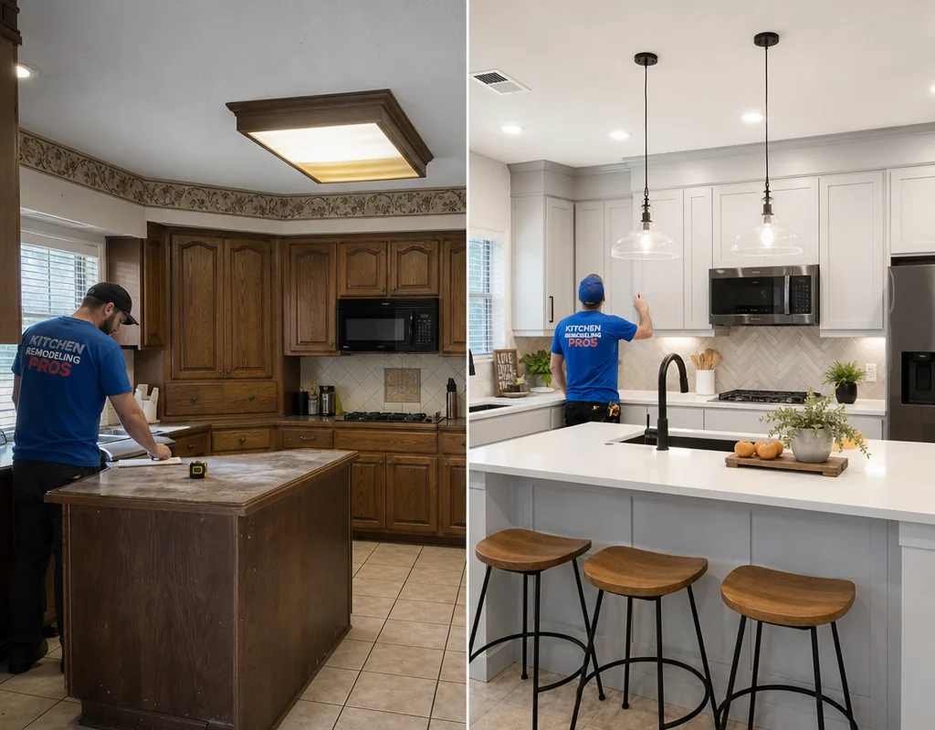 Before and after of a Plano kitchen with updated cabinetry, improved lighting, and a more functional island
