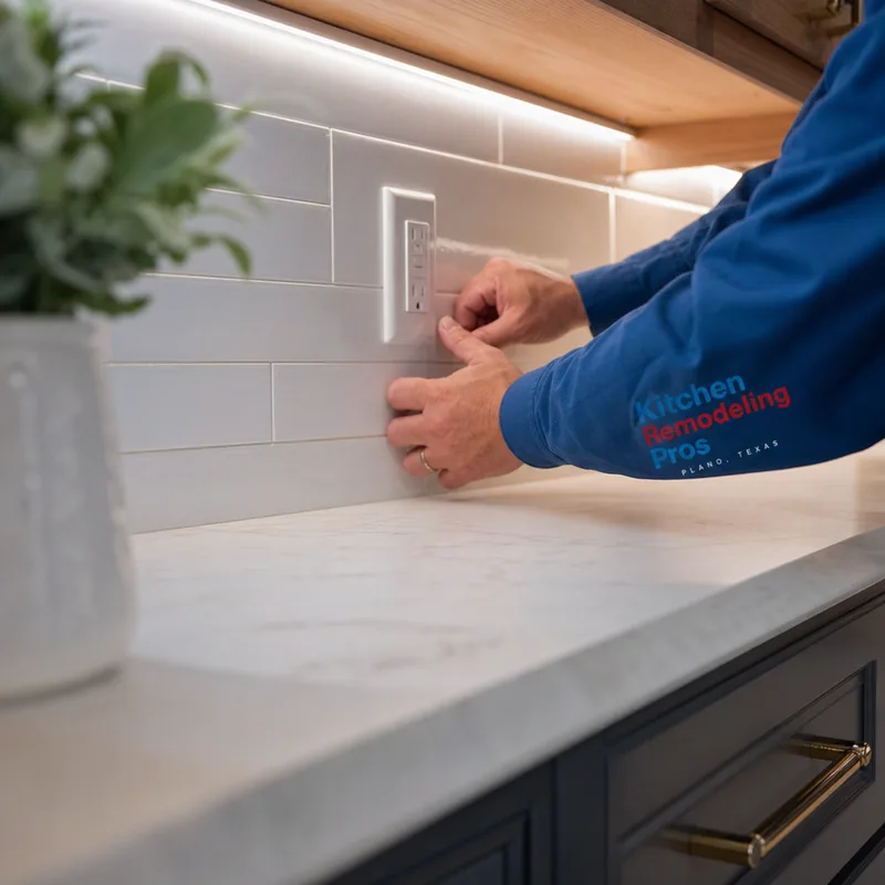 Close-up of cabinet reveals, under-cabinet lighting, clean backsplash cuts, and a finished countertop edge