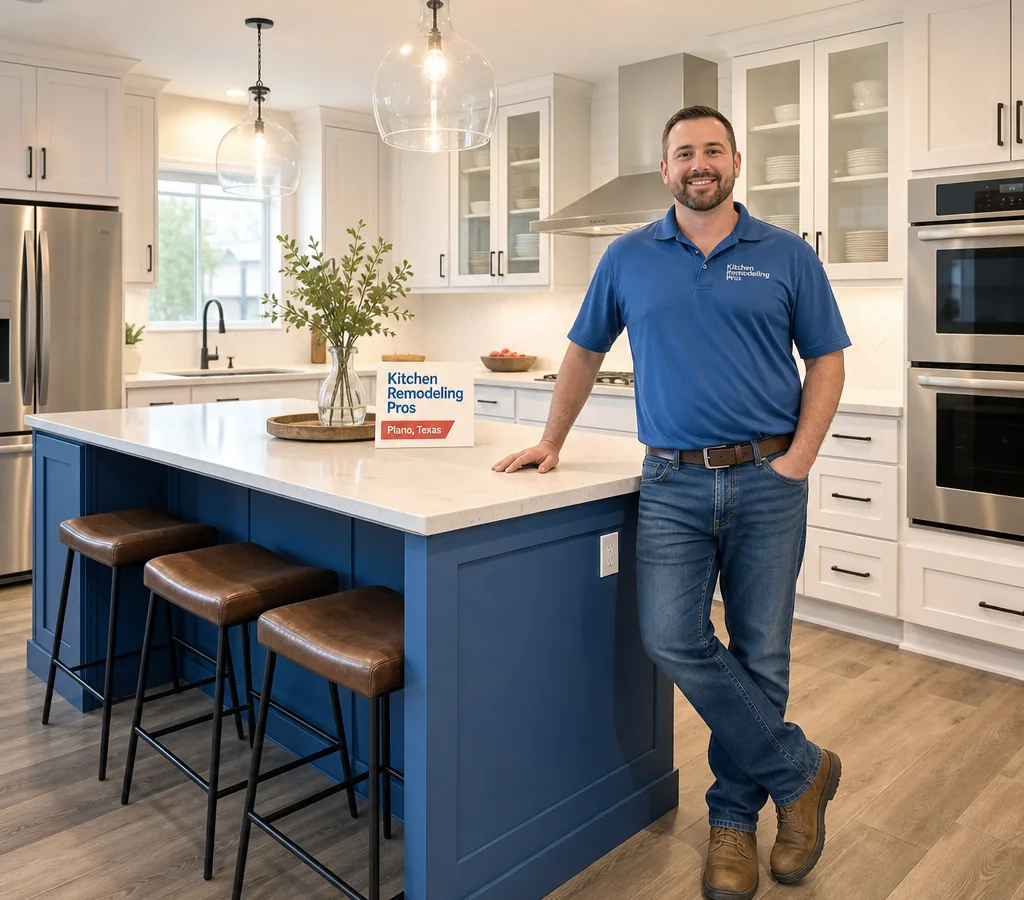 Bright finished Plano kitchen remodel with new cabinets, island, pendant lighting, and clean sightlines