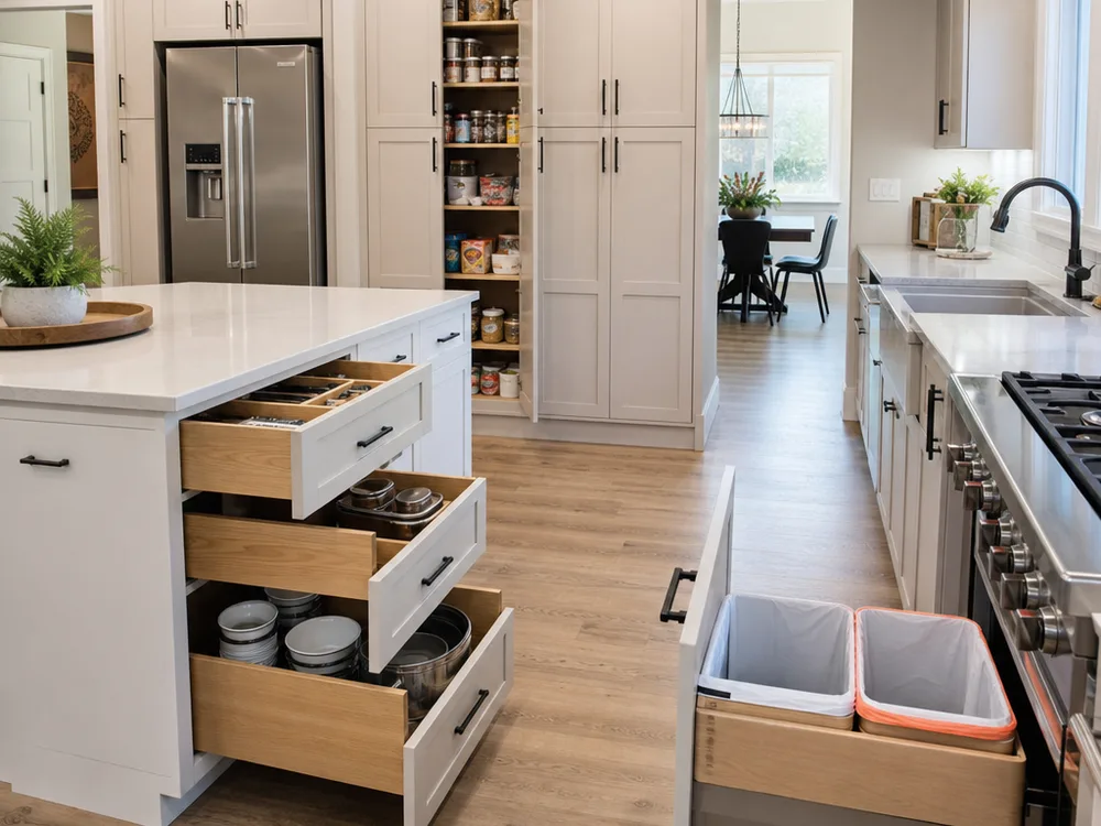 Kitchen remodel with deep drawer bases, a pantry cabinet wall, and an integrated trash pull-out