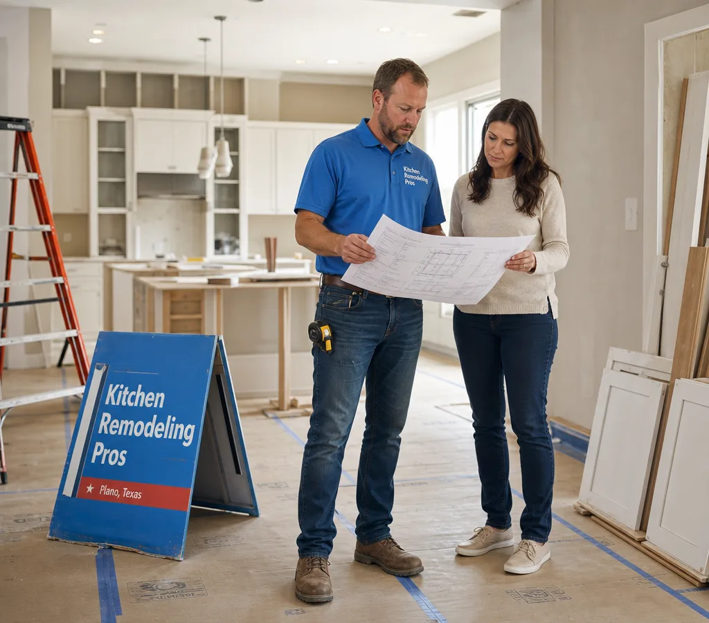 Plano contractor reviewing remodeling plans with a homeowner in a protected living space