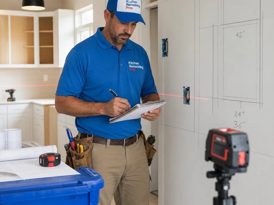 Plano remodeler measuring an interior with marked wall lines and a laser level