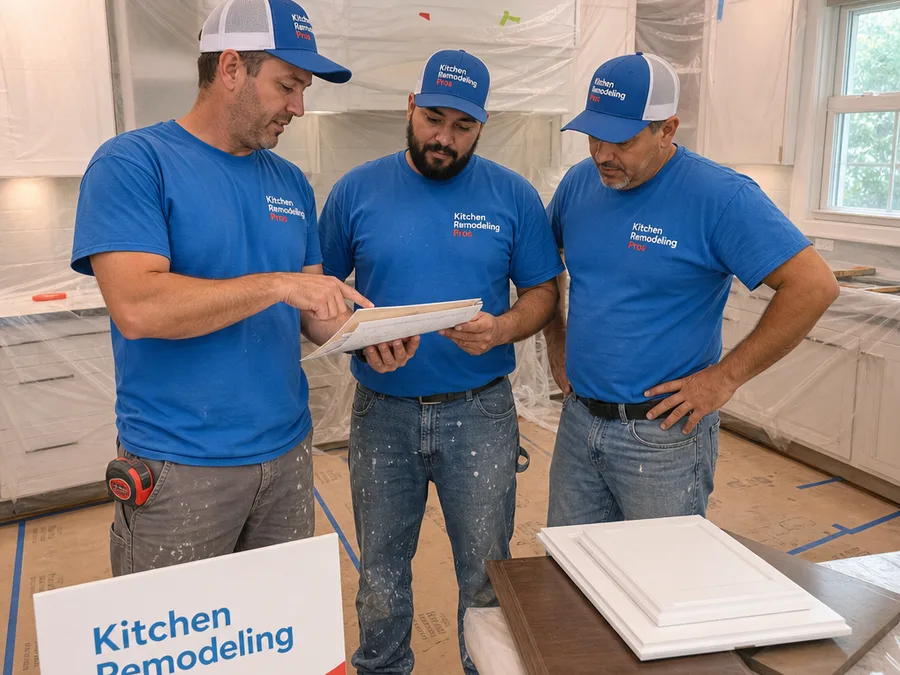 Plano remodeling crew reviewing a checklist and materials in a protected work area